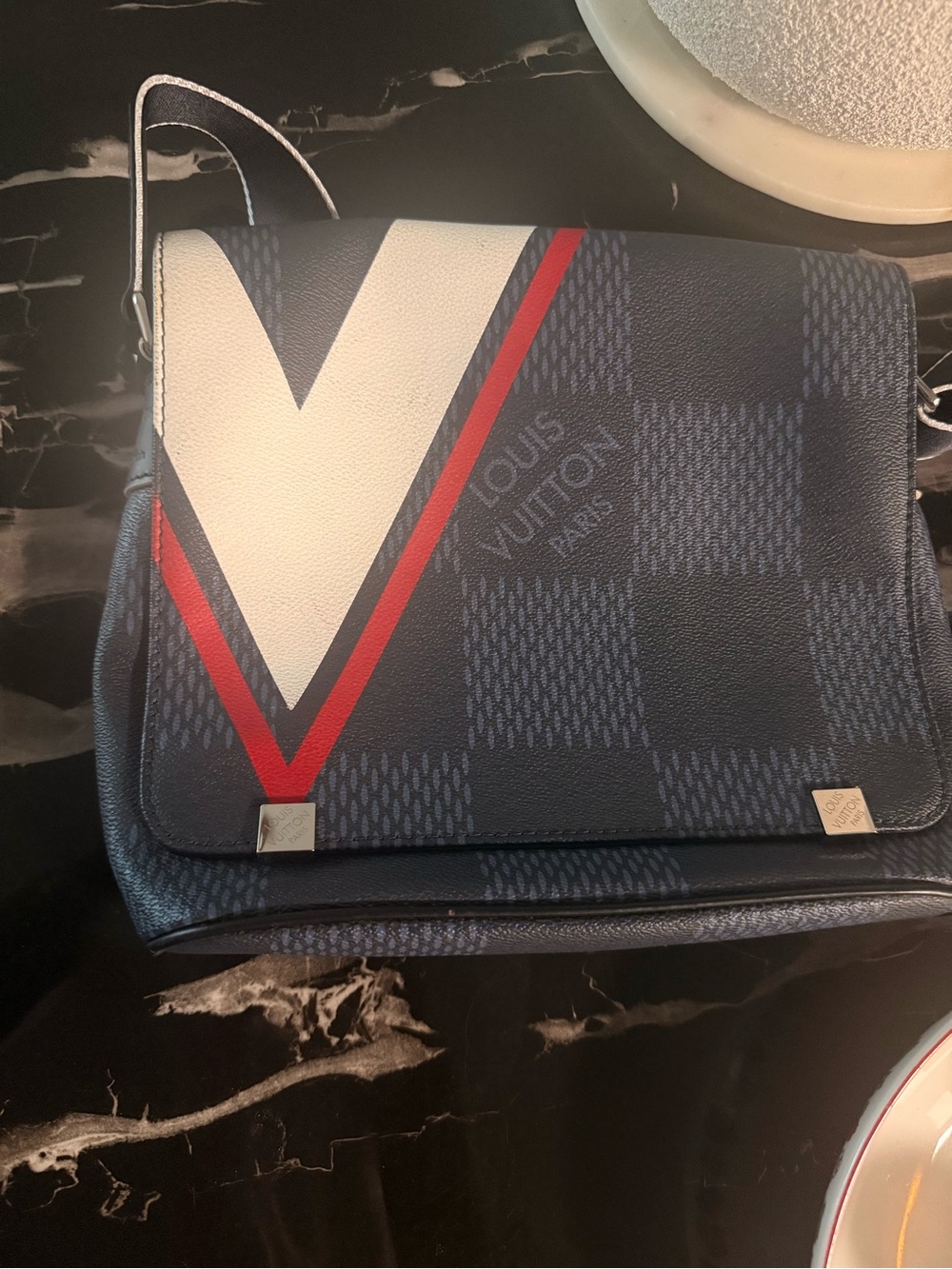 Louis Vuitton Blue Checker Messenger Bag with White & Red V Accent